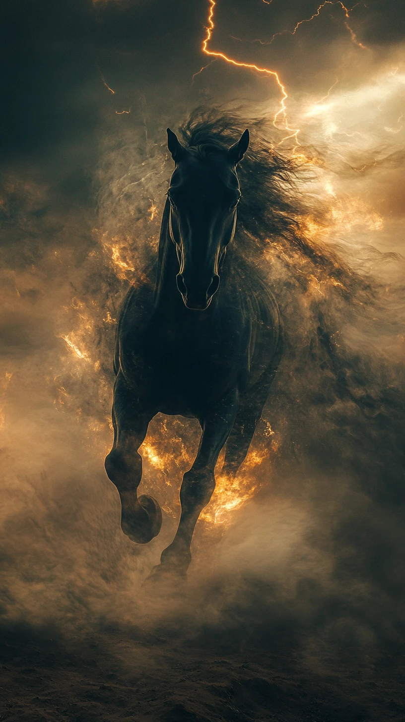 Caballo espectral de humo galopando por un oscuro paisaje desértico