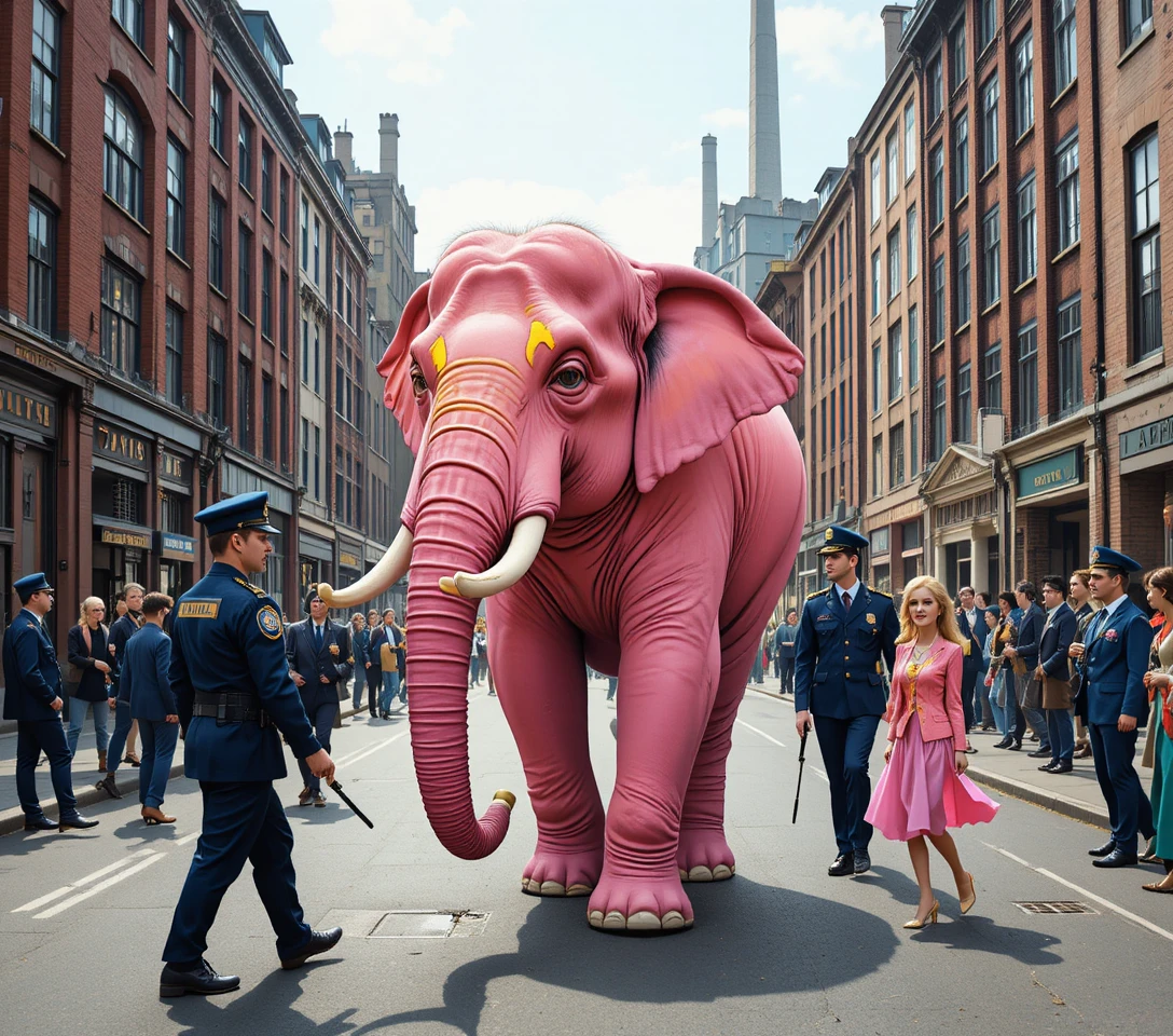 Elefante rosa caminhando por uma rua urbana movimentada