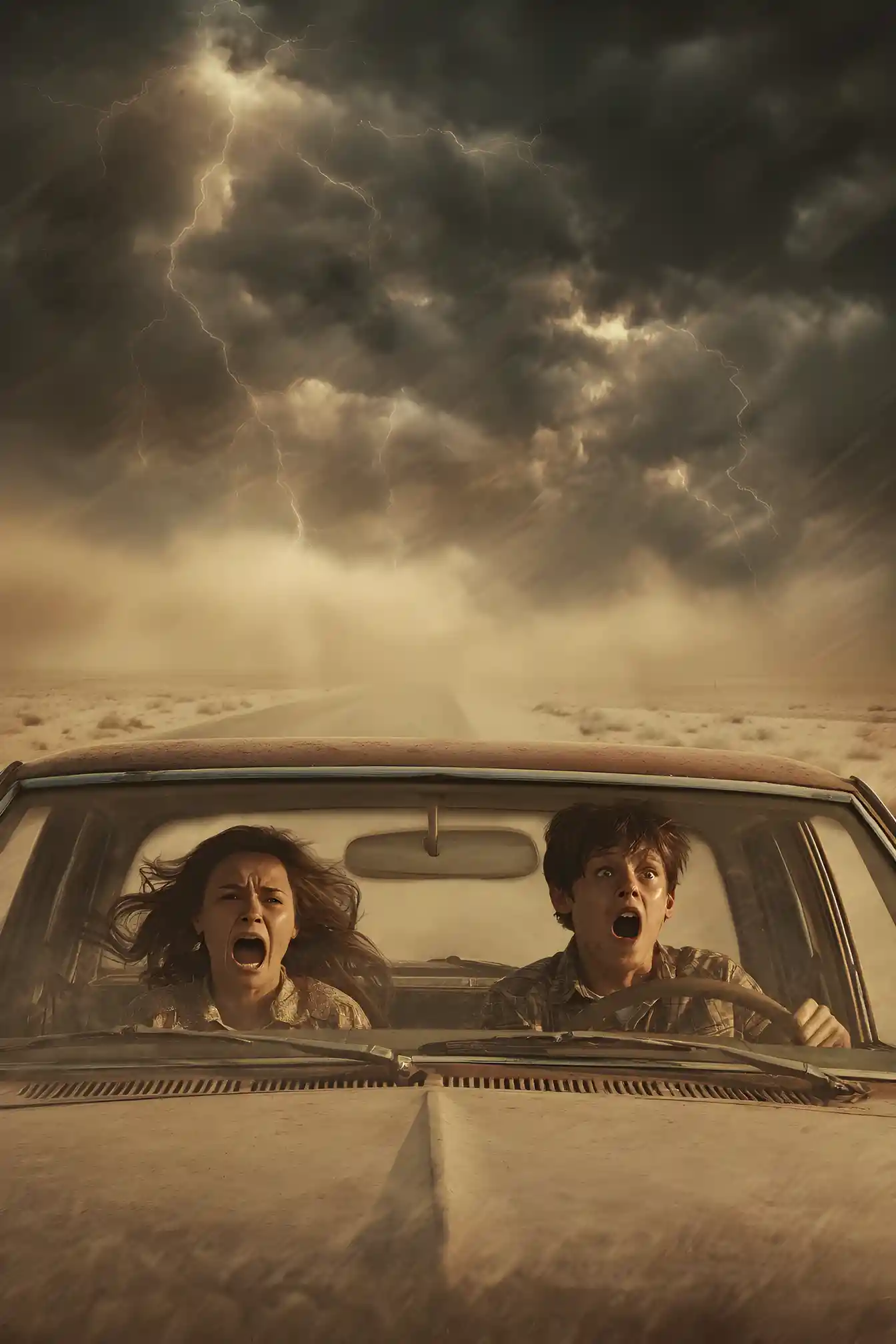 Due donne guidano un’auto d’epoca su un’autostrada nel deserto sotto la tempesta