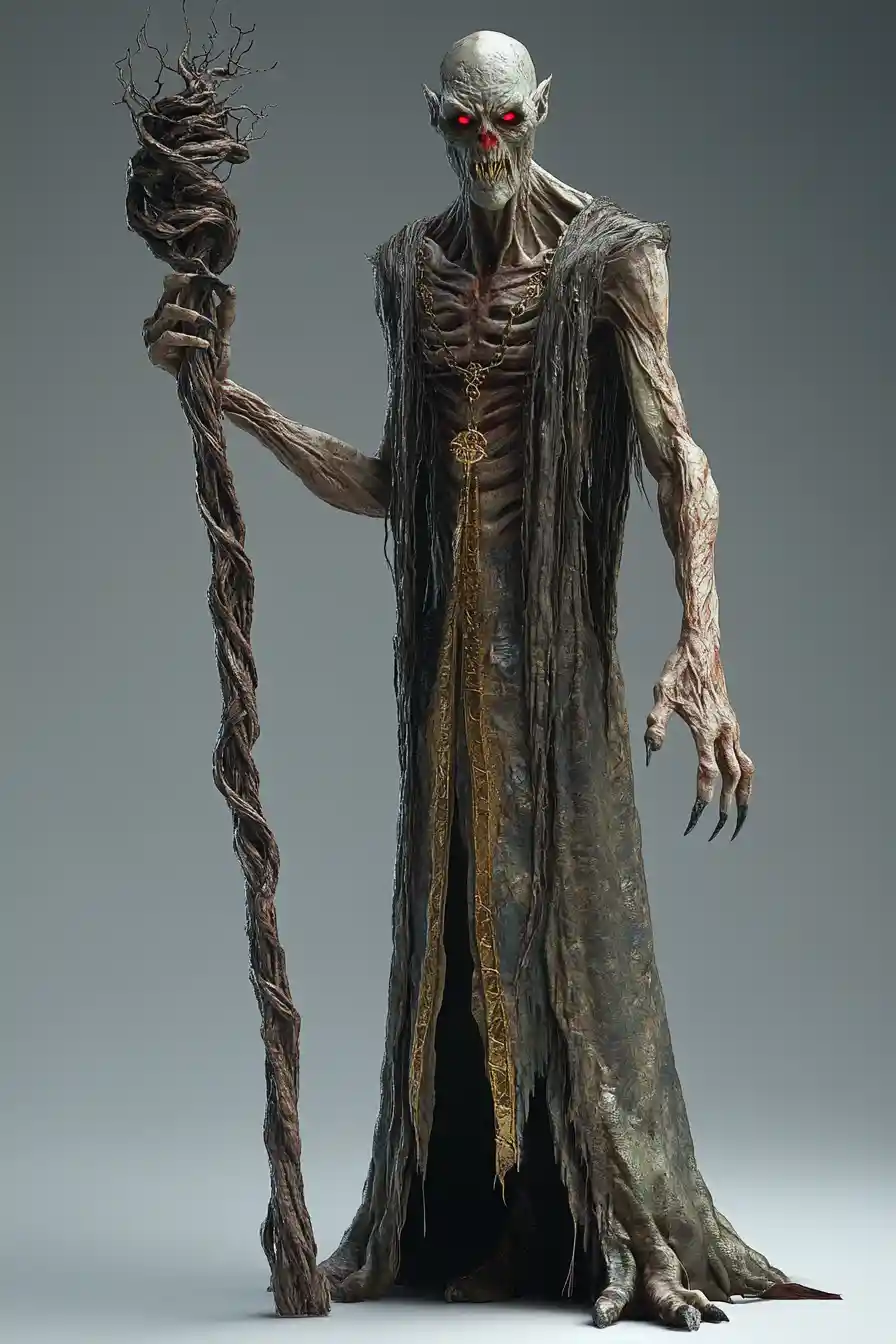 Sinister 3D fantasy wizard with clawed hands and staff