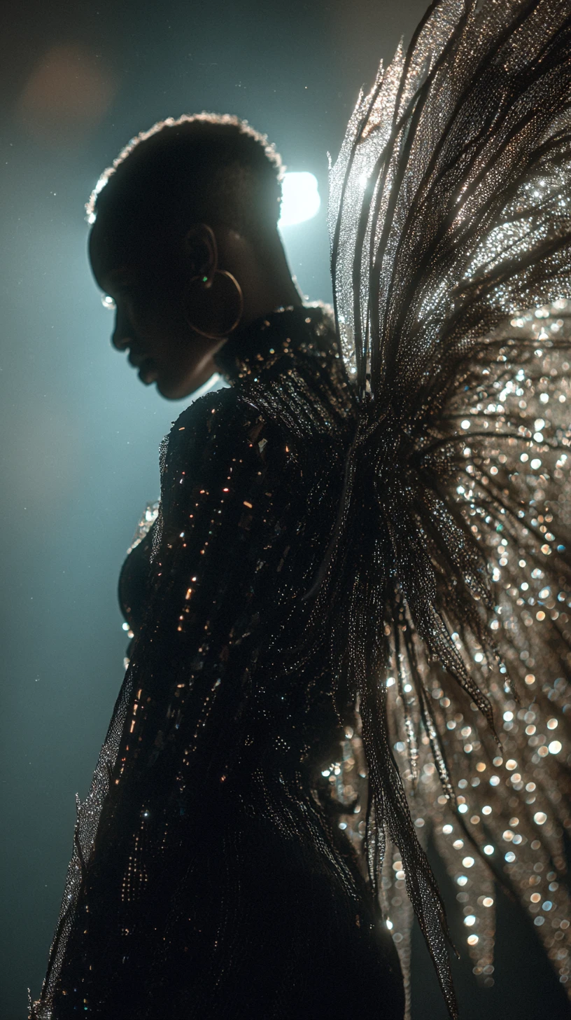 Afrofuturistic dark angel with wings in cosmic starlight