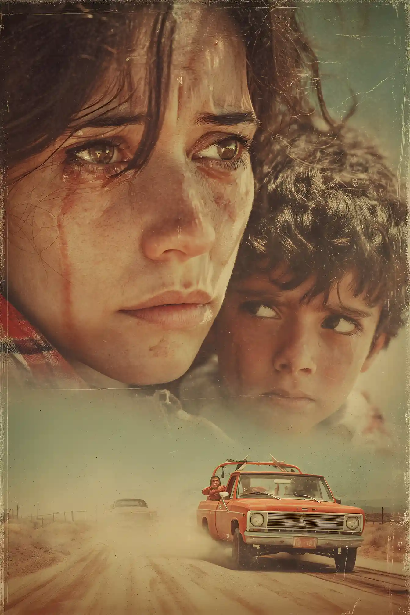 Women speeding in a vintage car down a dusty desert highway