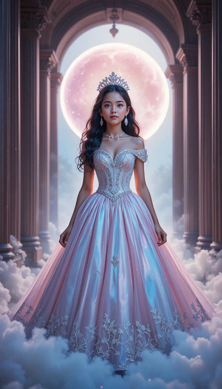 Joven princesa en arco resplandeciente con niebla celestial