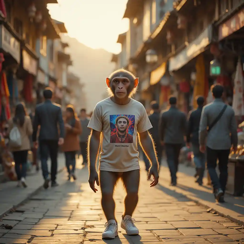 Stylish monkey walking through bustling Kathmandu bazaar