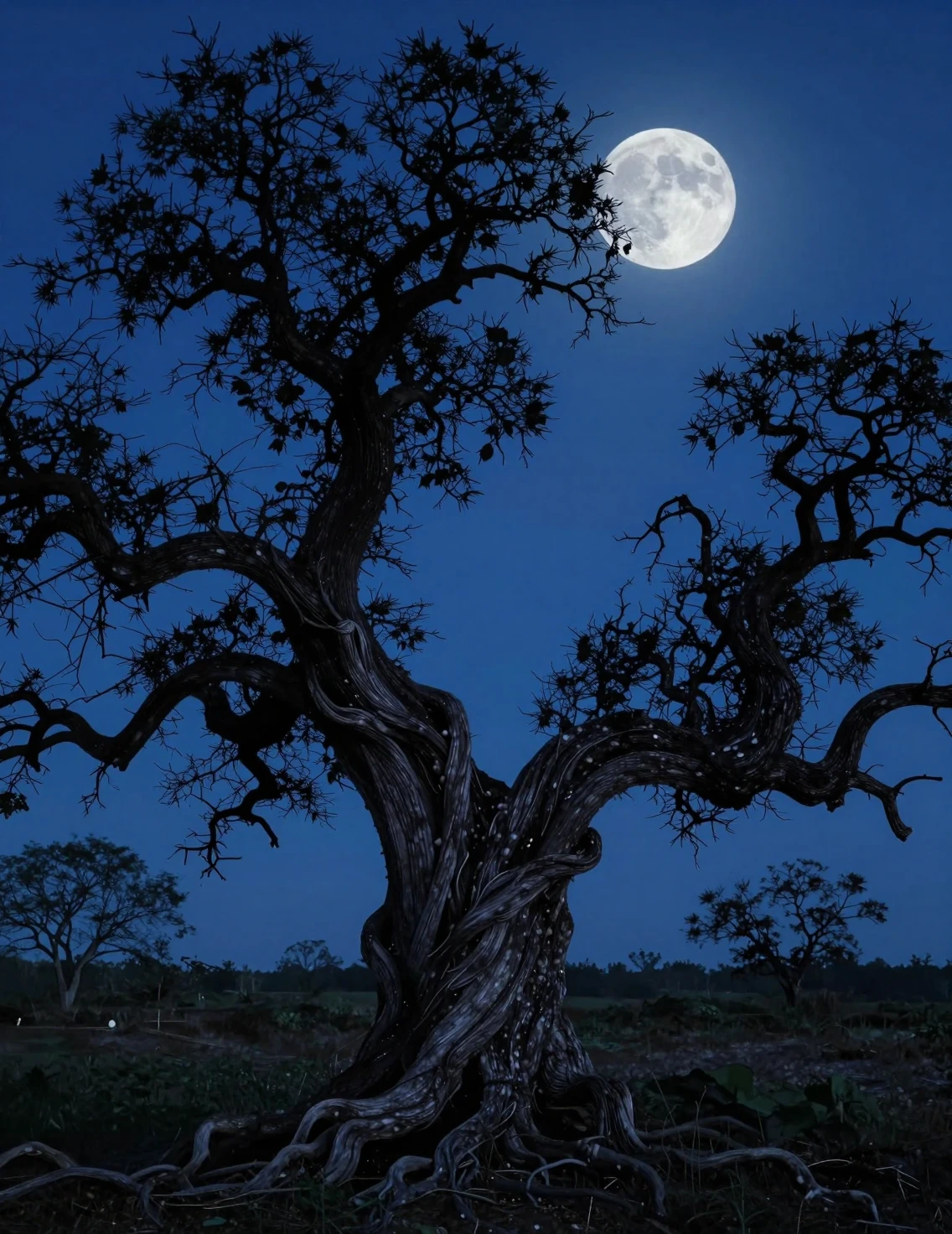 Surreal verdrehter Baum unter einem tiefblauen mondbeschienenen Himmel