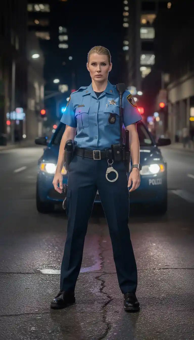 Tall blonde policewoman on duty beside patrol car
