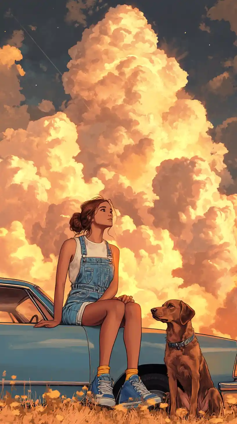 Ragazza anime su auto blu d’epoca con cane al tramonto