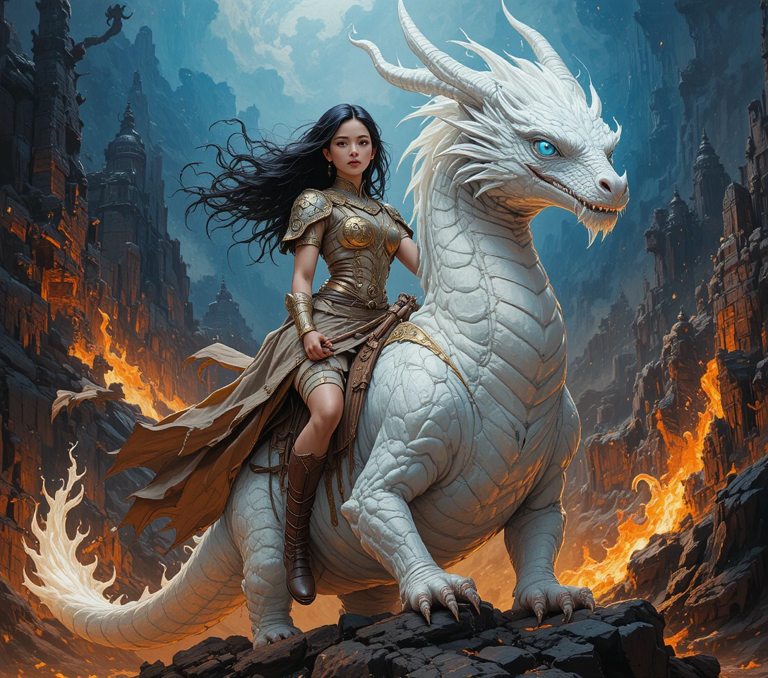Cool girl riding a white dragon through fiery volcanic skies