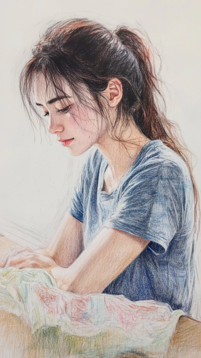 坐在凳子上手洗衣物的女子色鉛筆畫