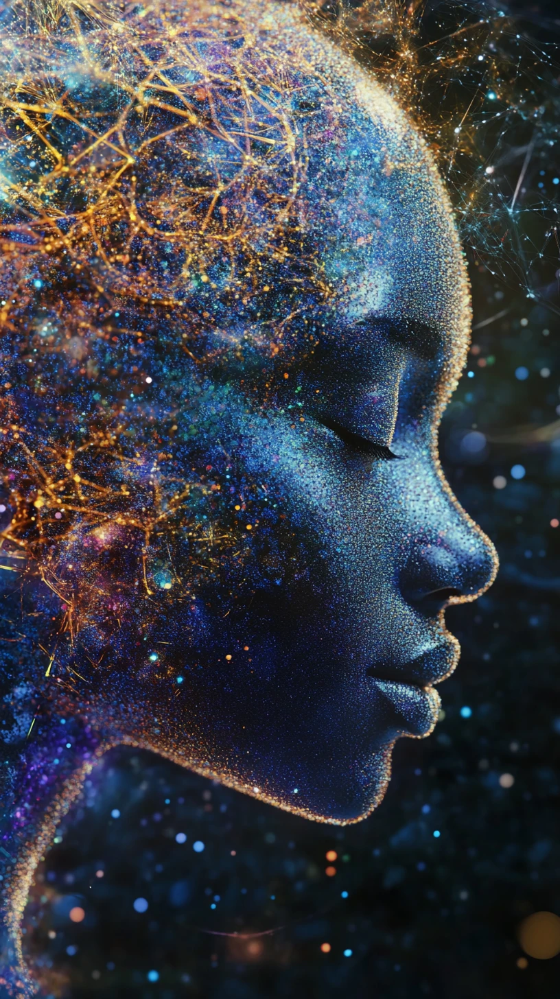 Cerveau humain holographique surréaliste composé de particules scintillantes