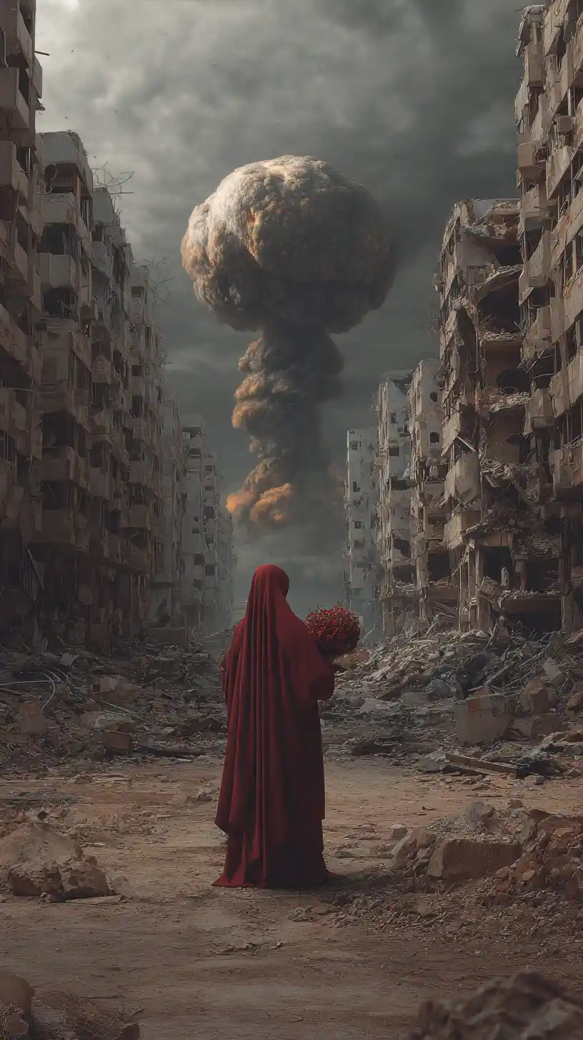 Surreal post apocalyptic scene of unity in a ruined world