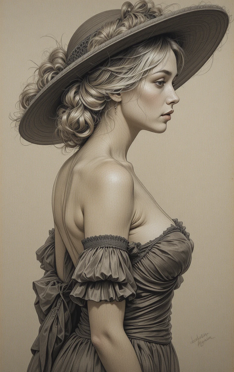 Classical charcoal study of draped arm and woman profile