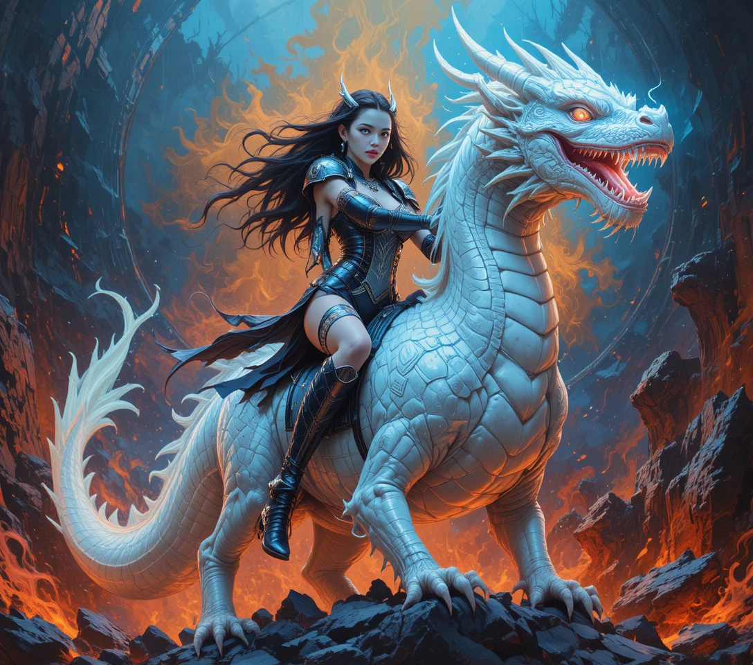 Cool girl riding a white dragon through volcanic fire
