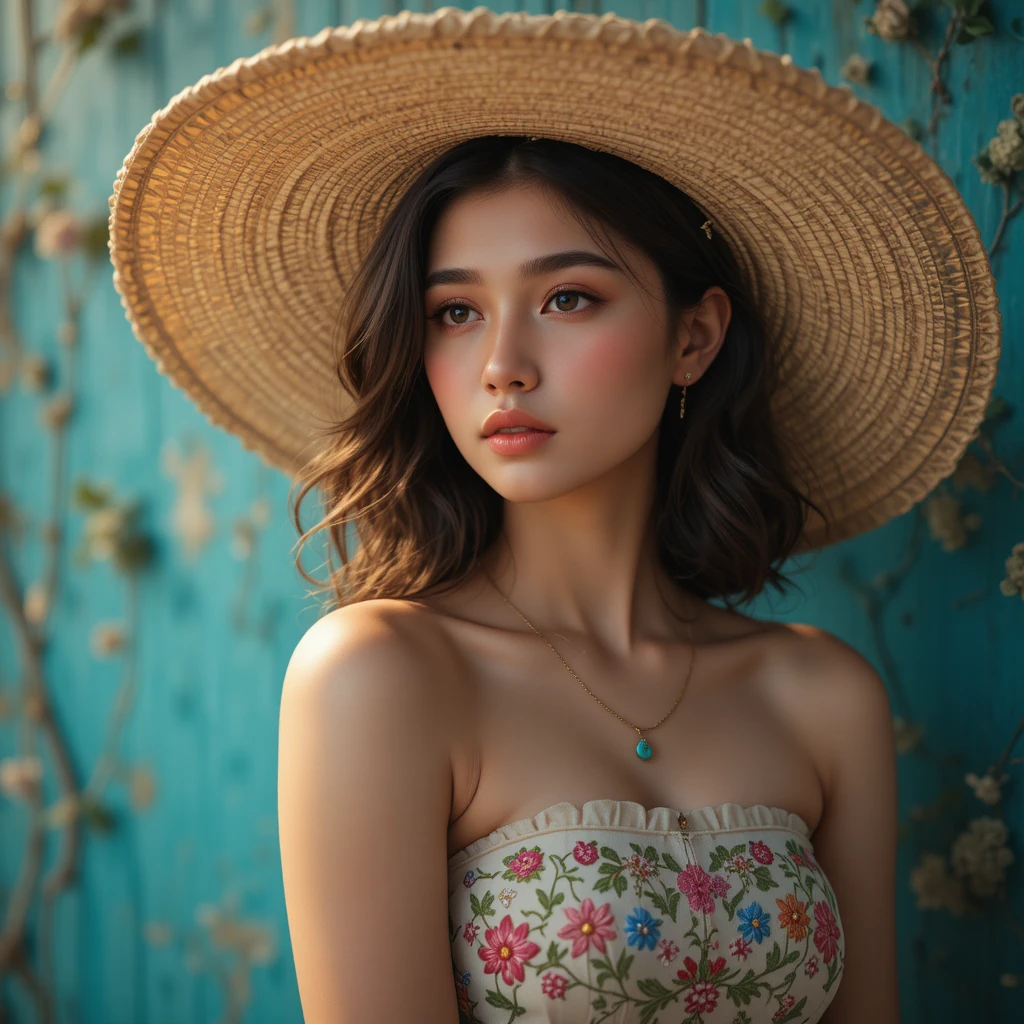 Young woman in straw hat against teal textured wall