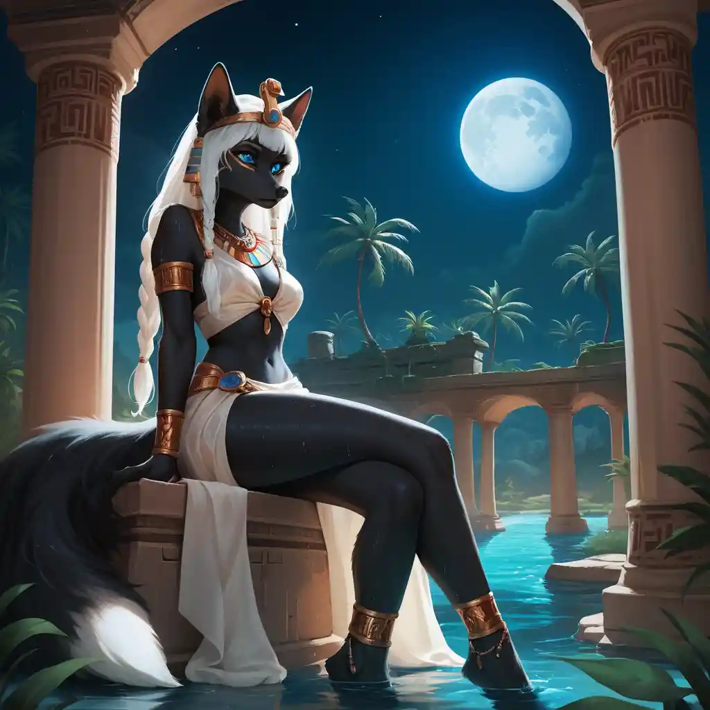 Crowned fox woman in a moonlit river among ruins