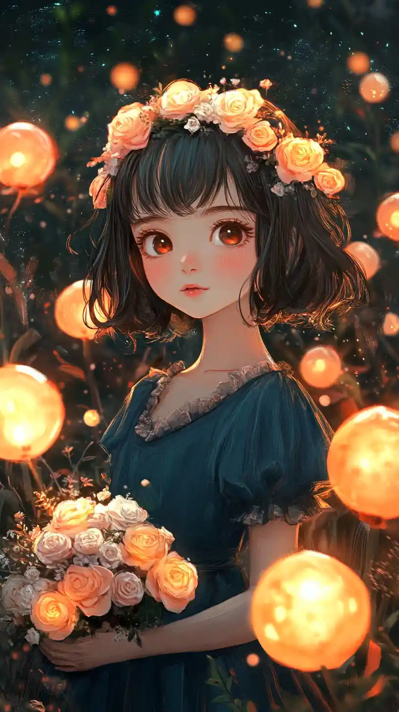 Cute anime girl in a glowing fantasy flower garden