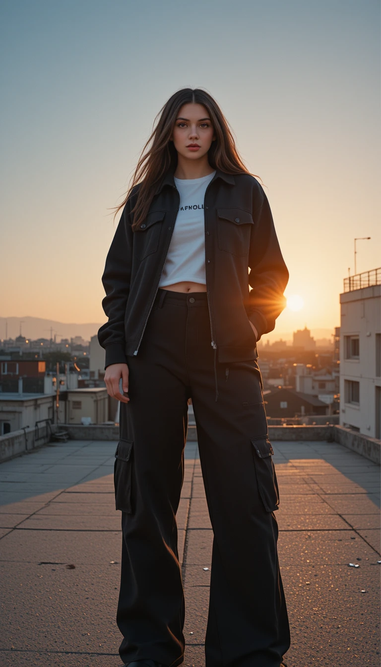 Stylish woman on city rooftop in golden hour light