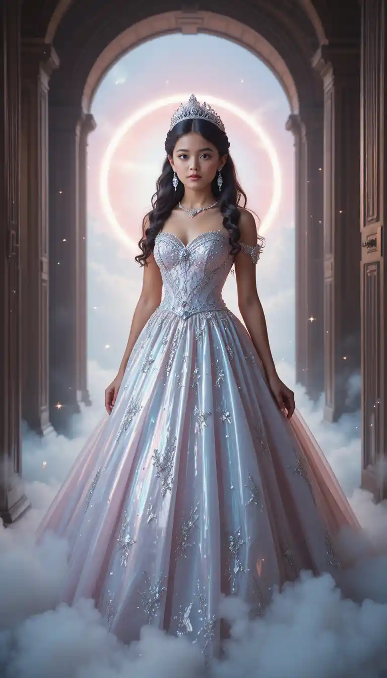 Young regal girl standing before glowing celestial gate