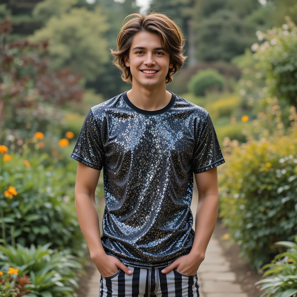 Giovane uomo sorridente in piedi in un giardino con outfit alla moda