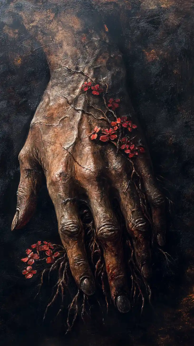 Mano humana fosilizada que se convierte en raíces con flores rojas