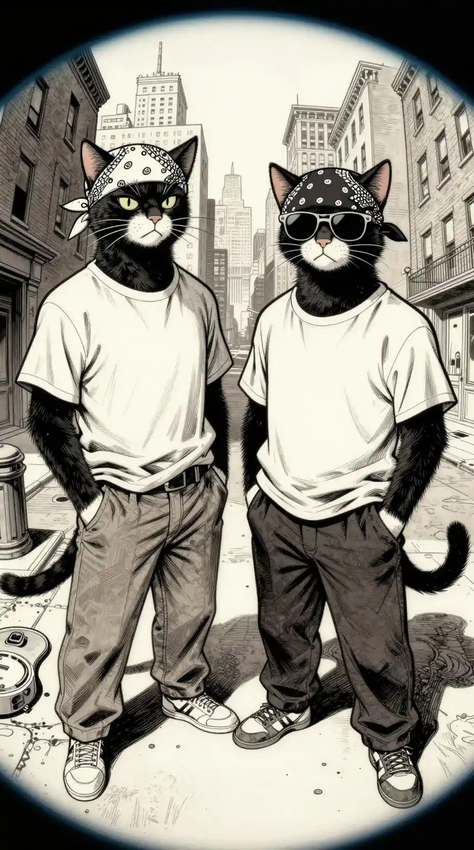 Gangster cats on a New York street in sci fi style