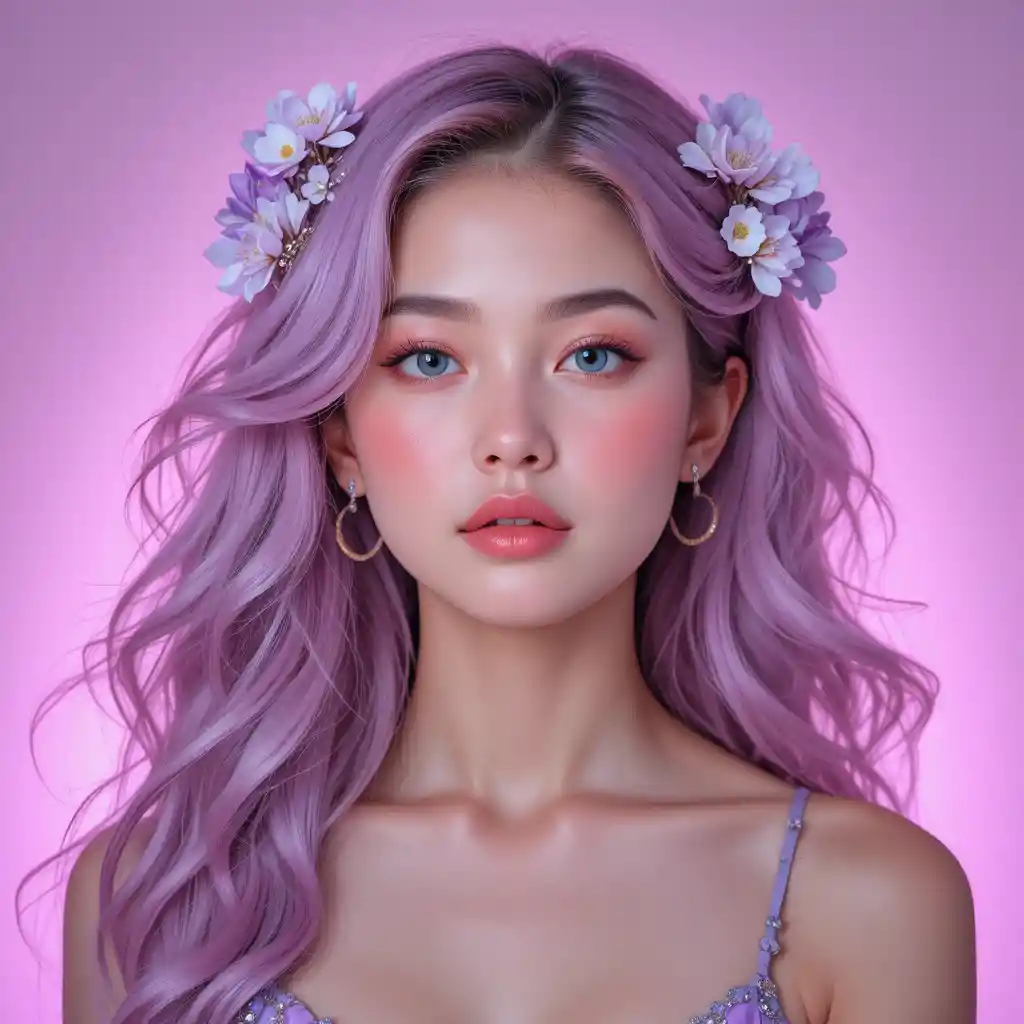 핑크 머리 여성 초상화, 꽃 포인트와 부드러운 조명