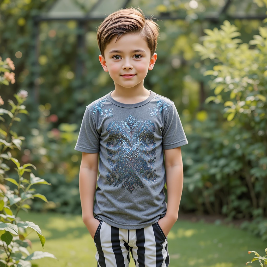 Niño de pie en un jardín con pantalones a rayas y camisa gris