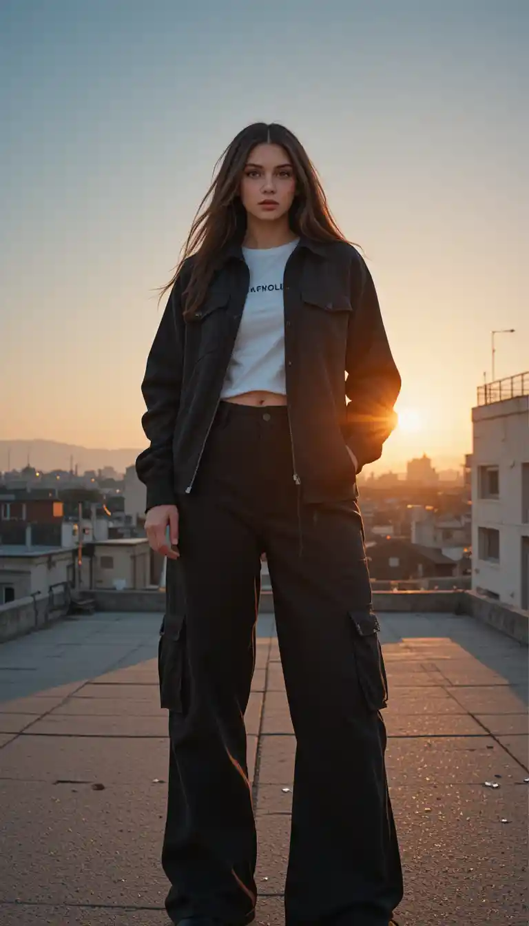 Stylish woman on city rooftop in golden hour light