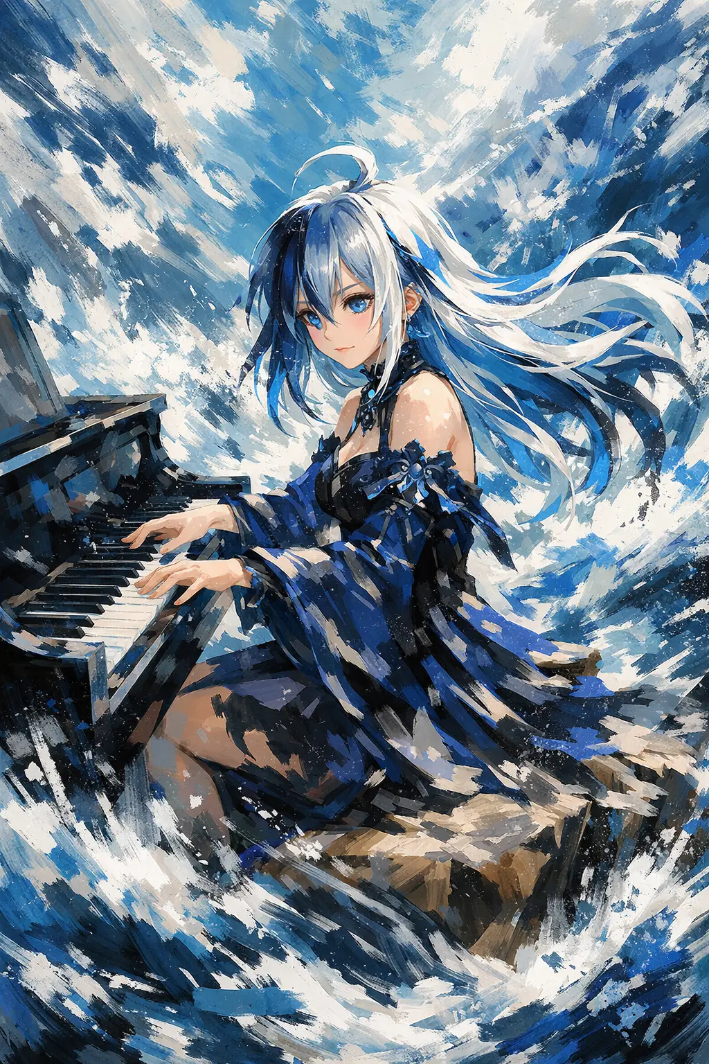 Anime pianist playing on a rocky shore amid crashing waves