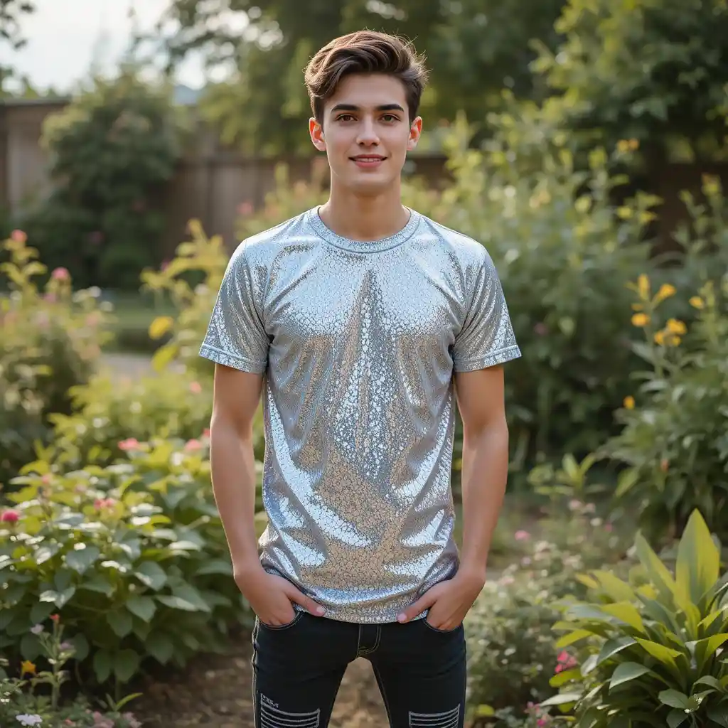 Young man in striped jeans standing in a garden