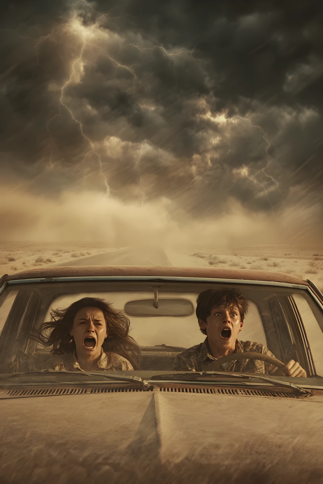 Two women driving a vintage car on a stormy desert highway