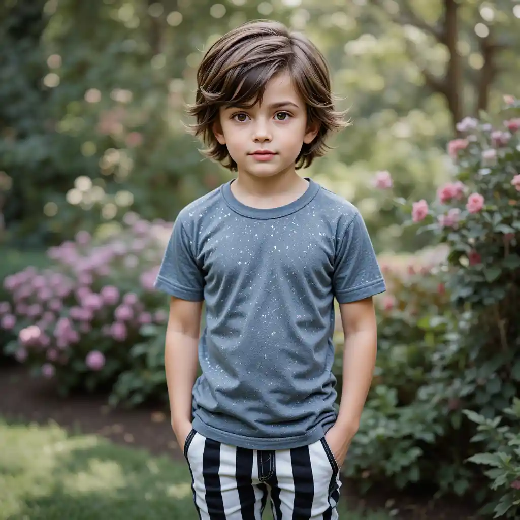 Garçon debout dans un jardin portant un pantalon rayé et un t‑shirt