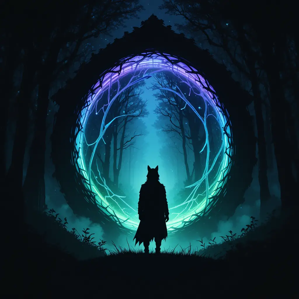 Lone wolf before a glowing portal in dark enchanted forest