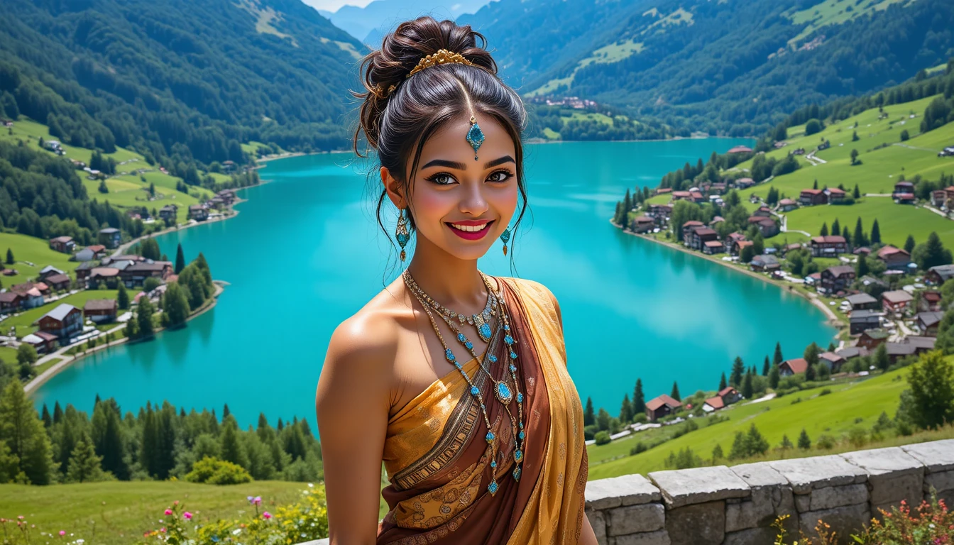 Gioiosa donna indiana in sari sopra un villaggio alpino sul lago