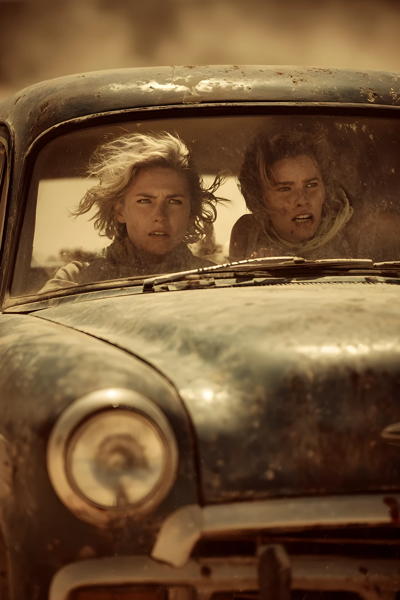Dos mujeres a toda velocidad en un coche clásico por una carretera desértica