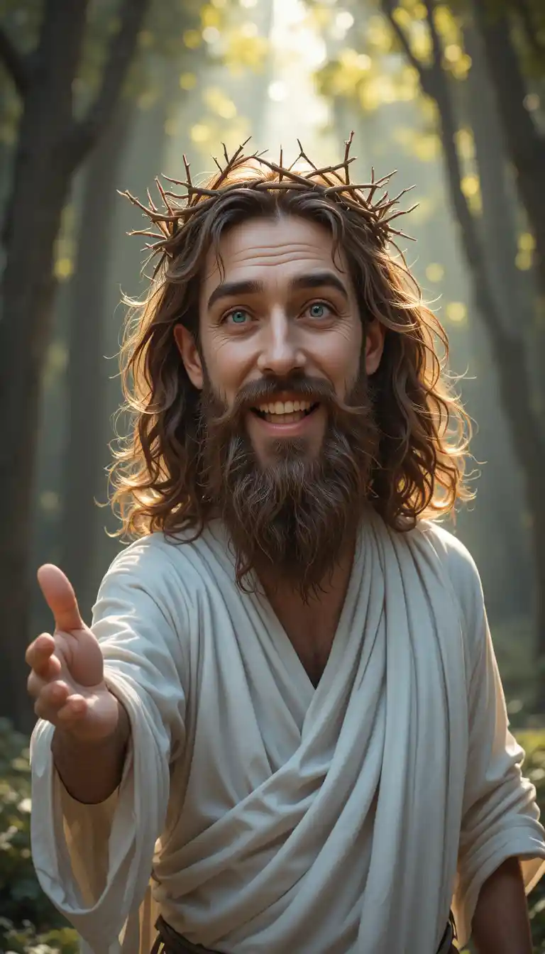 Bearded Man In White Tunic Reaching Out In Forest Light