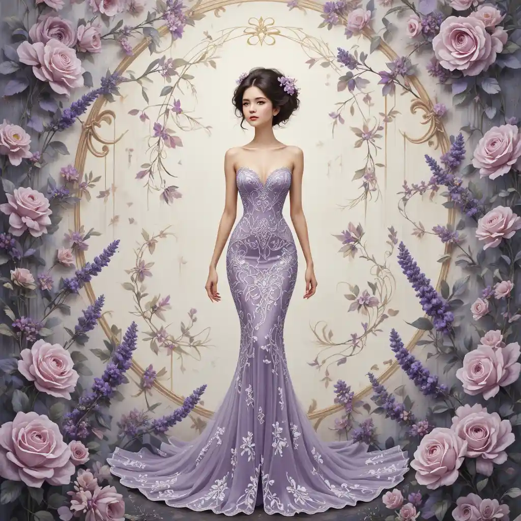 Elegante donna in abito a sirena di pizzo color lavanda con sfondo floreale