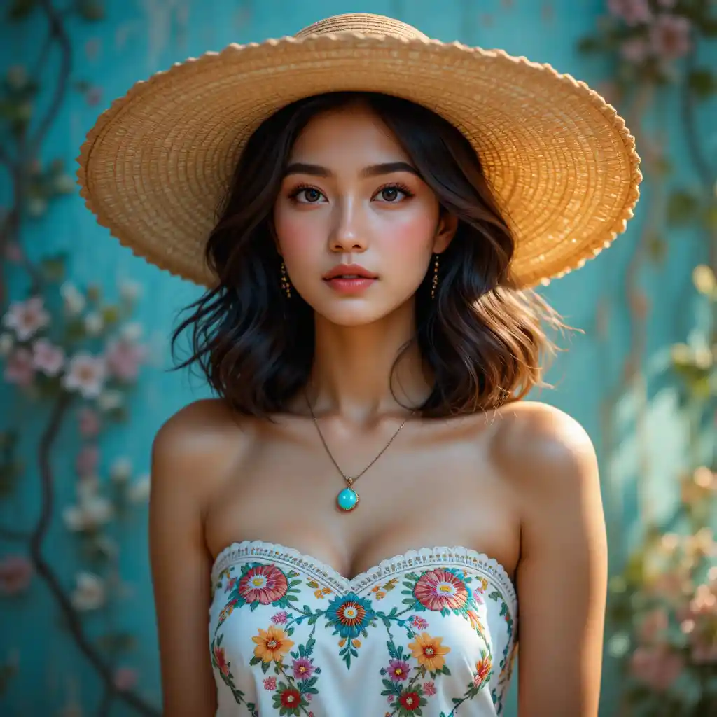 Young woman in straw hat against teal textured wall