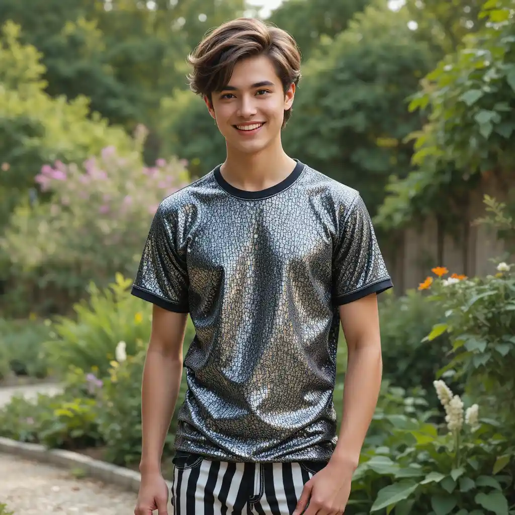 Smiling young man in silver shirt standing in garden