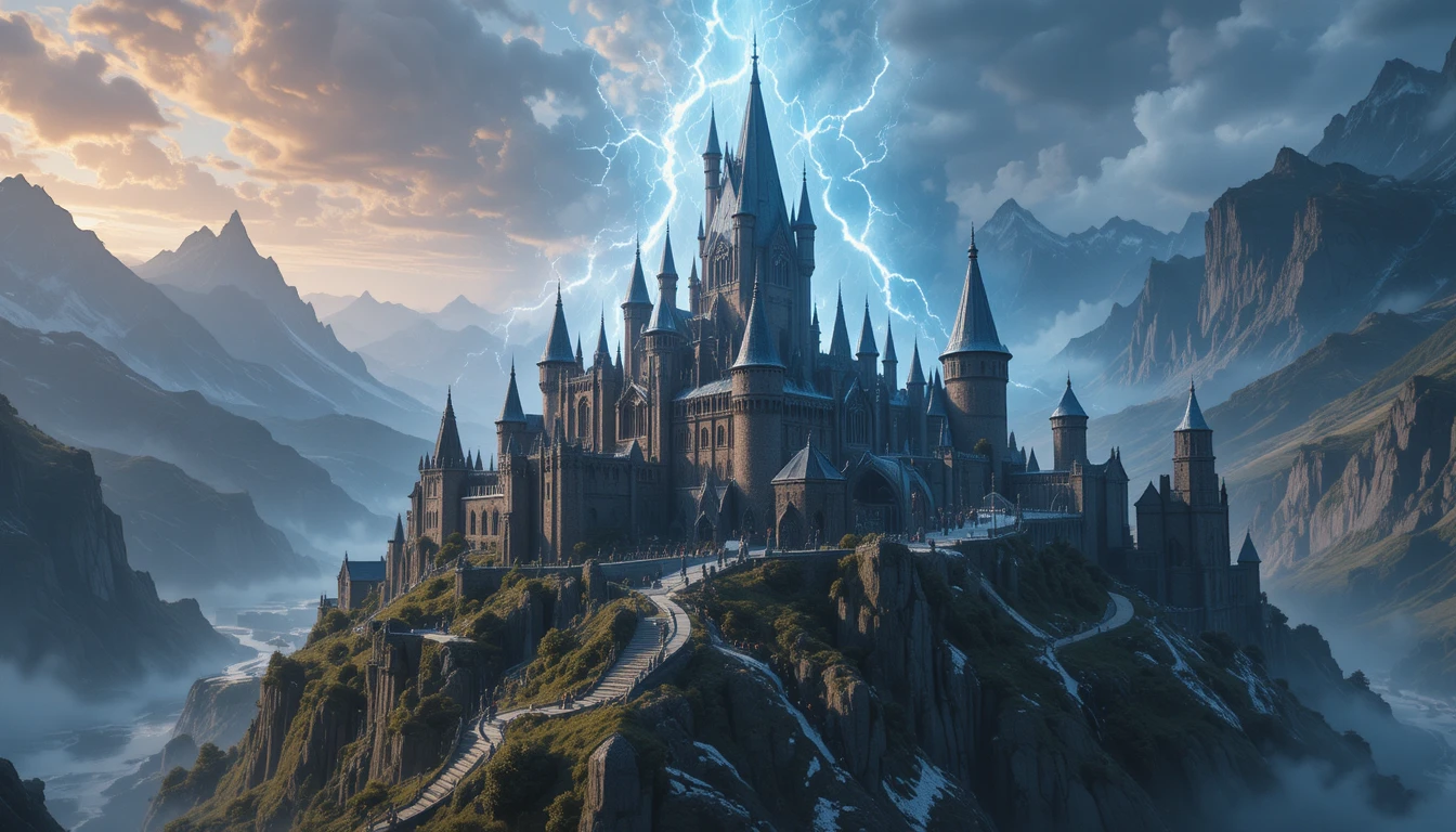 Vista panorámica de una ciudad de fantasía mágica con luz dramática