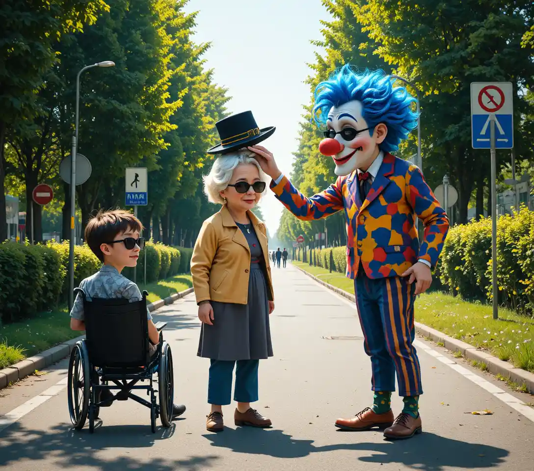 Colorful clown offering a hat to a confused elderly woman