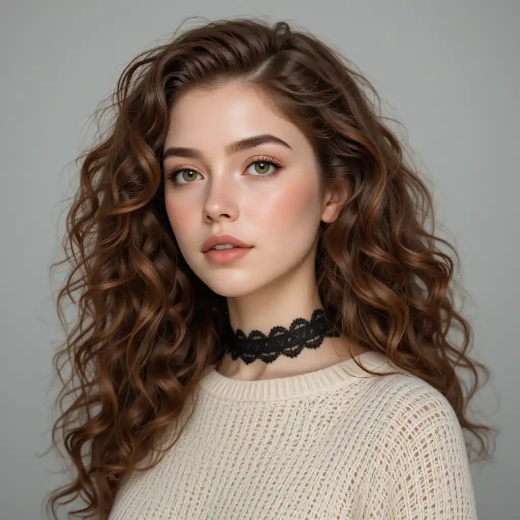 Young woman portrait with curly hair and lace choker