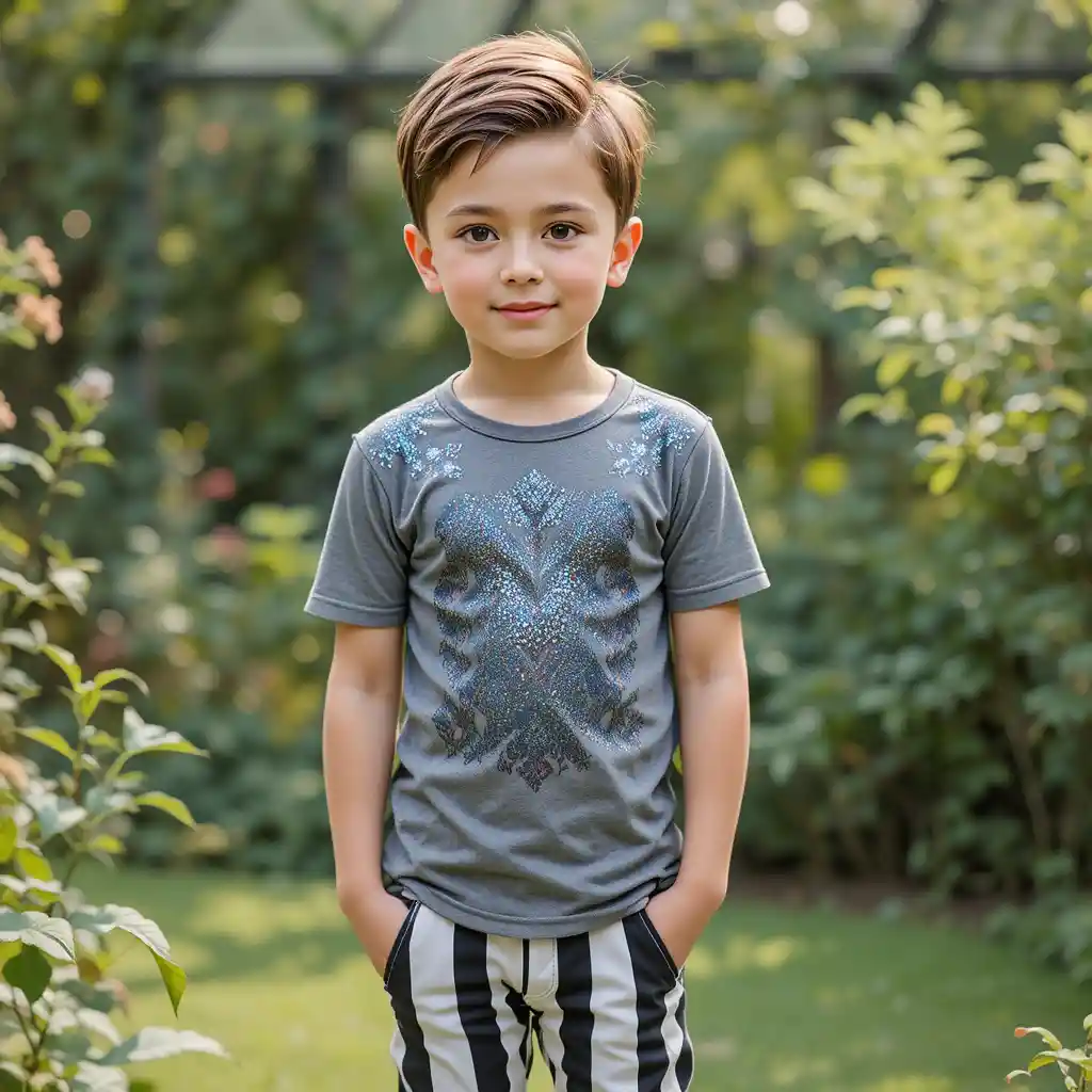 Niño de pie en un jardín con pantalones a rayas y camisa gris
