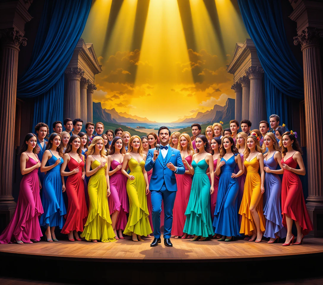 Colorida actuación grupal en un luminoso escenario de teatro