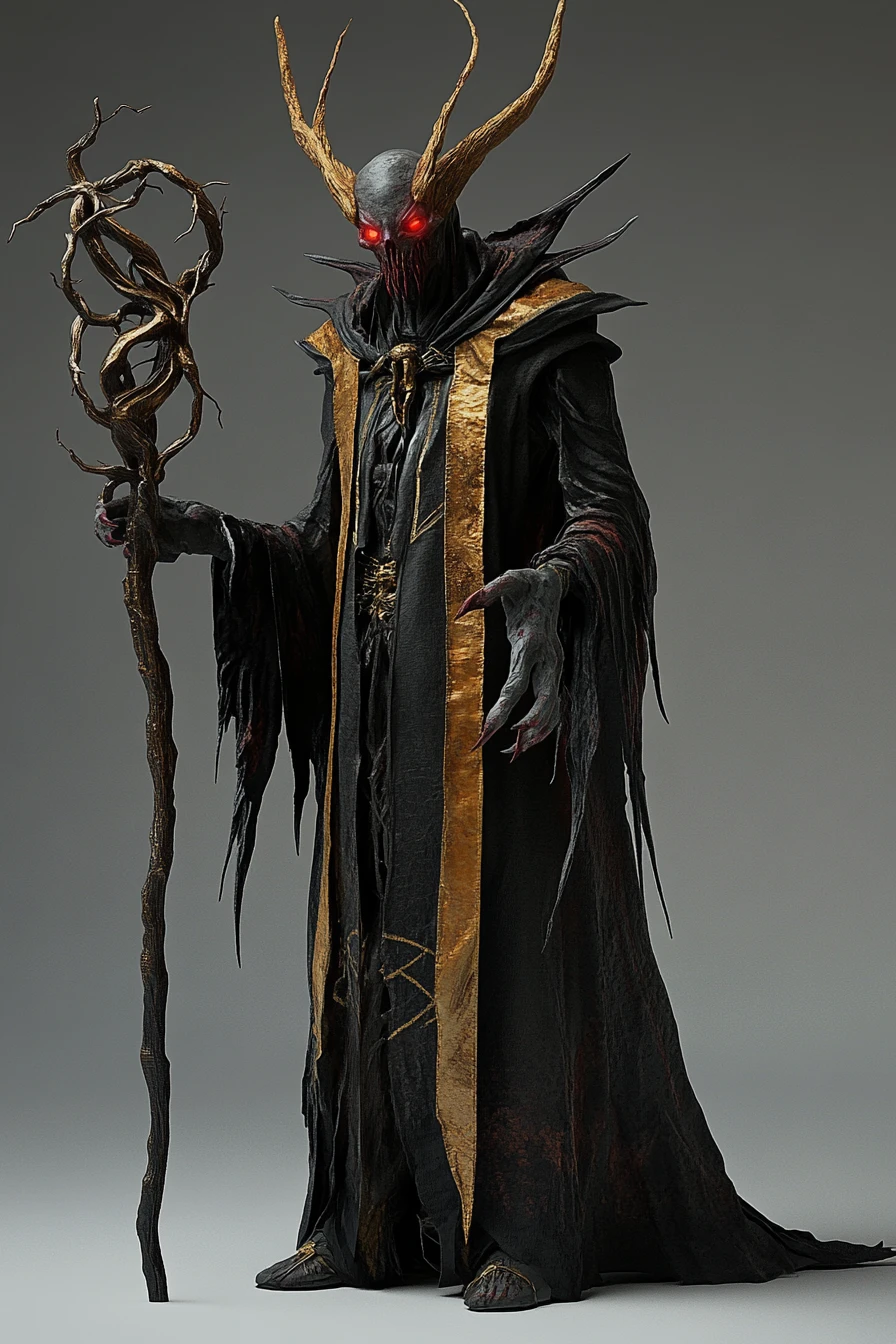 かぎ爪の手とねじれた杖を持つダークファンタジーの魔法使い