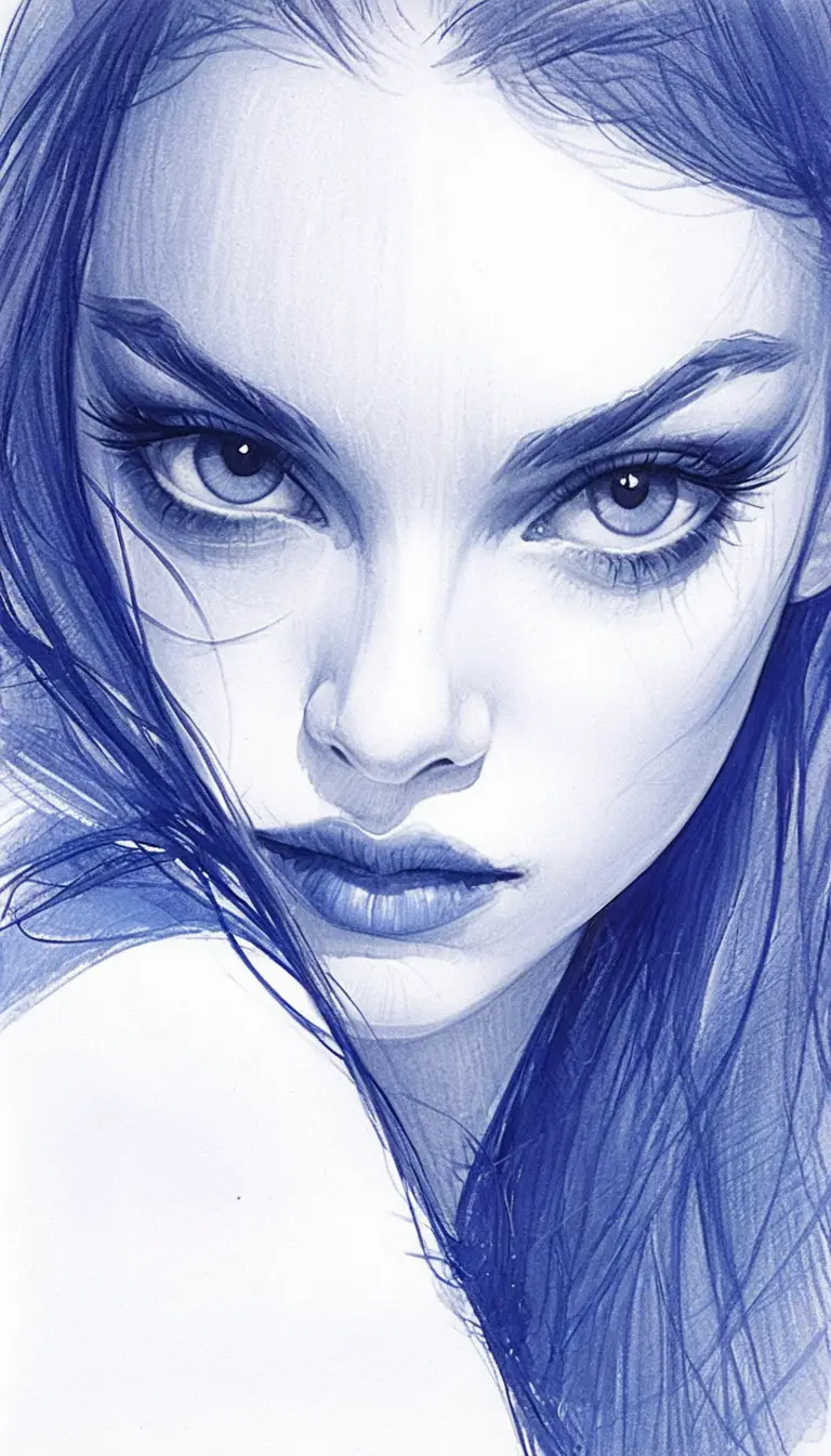 Ritratto a sketch con penna a sfera blu di una giovane donna
