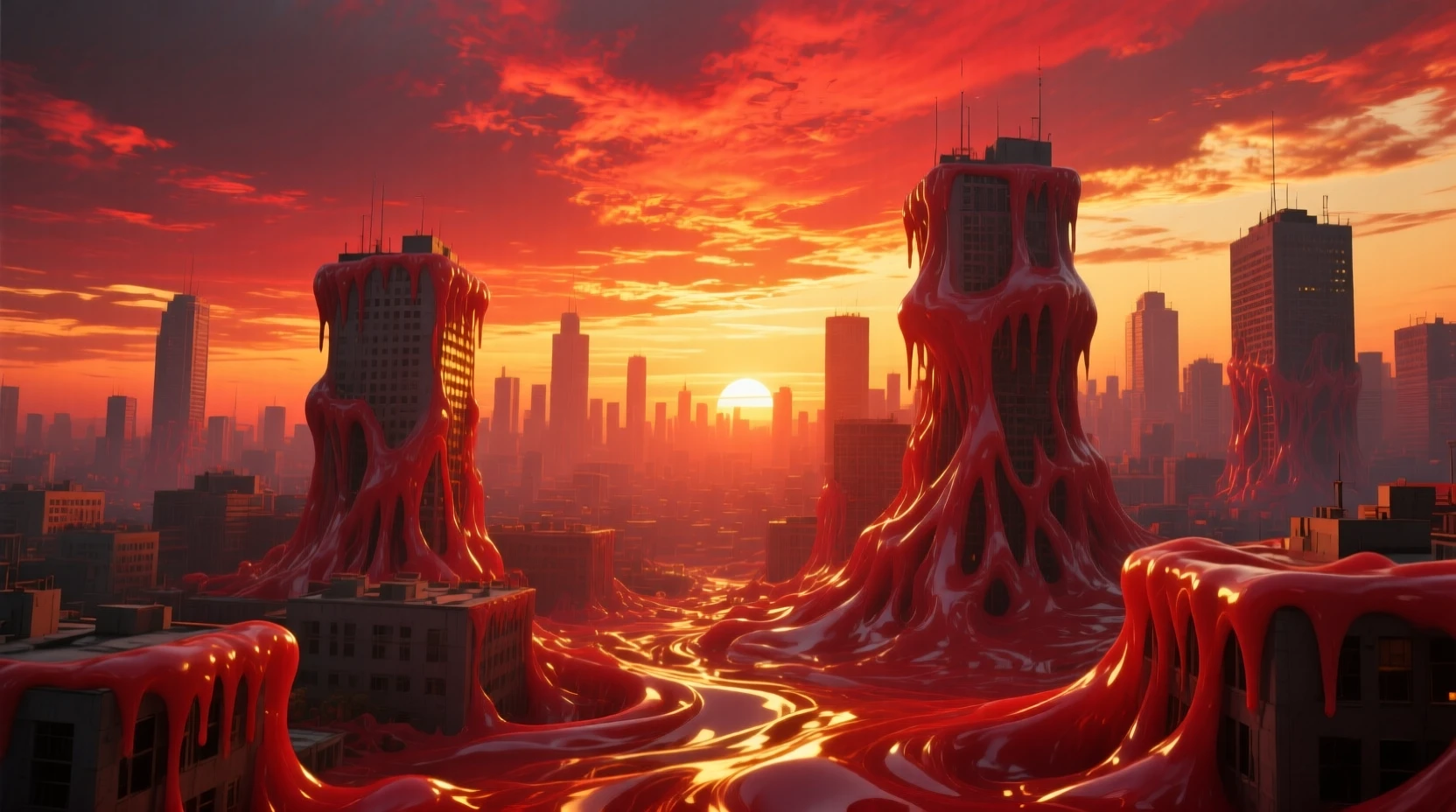 Surreal melting cityscape under a blazing crimson sunset