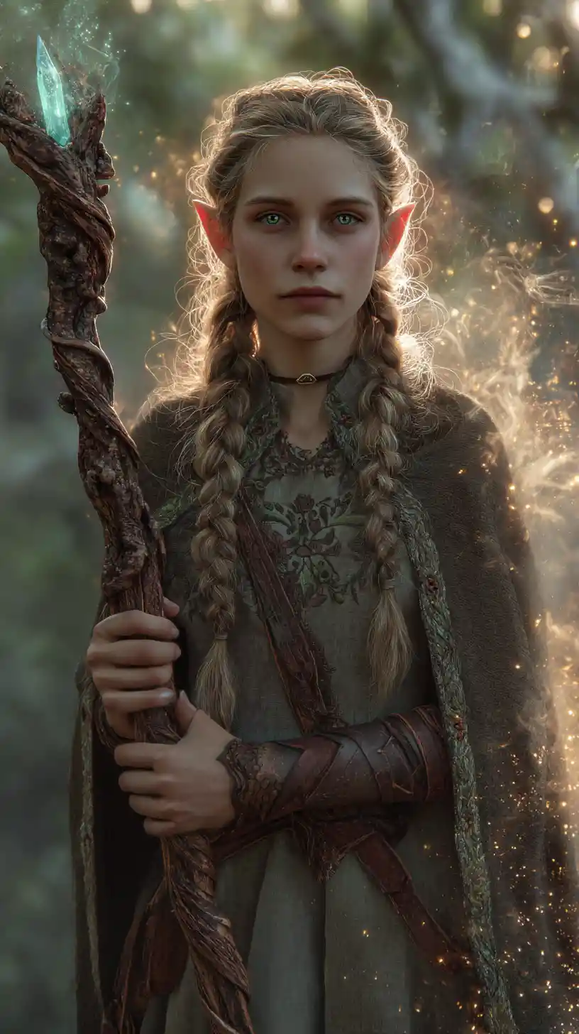 Elf girl holding a glowing staff in forest light