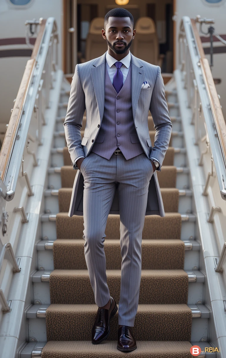 Stylish man in gray suit beside private jet staircase