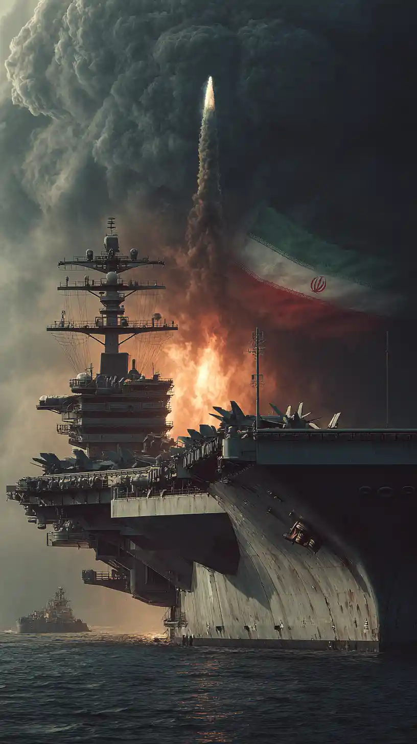 Vista cinematografica di una portaerei statunitense in mare